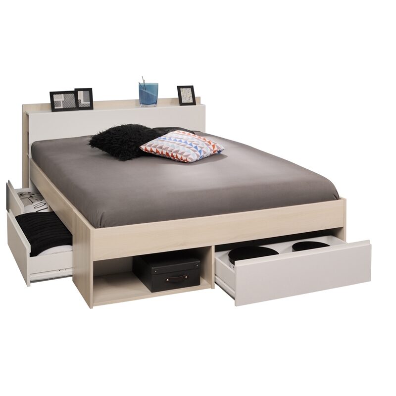 Funktionsbett Most Parisot + 3 Bettkästen + Kopfteil-Regal + Fächer Stauraumbett Akazie