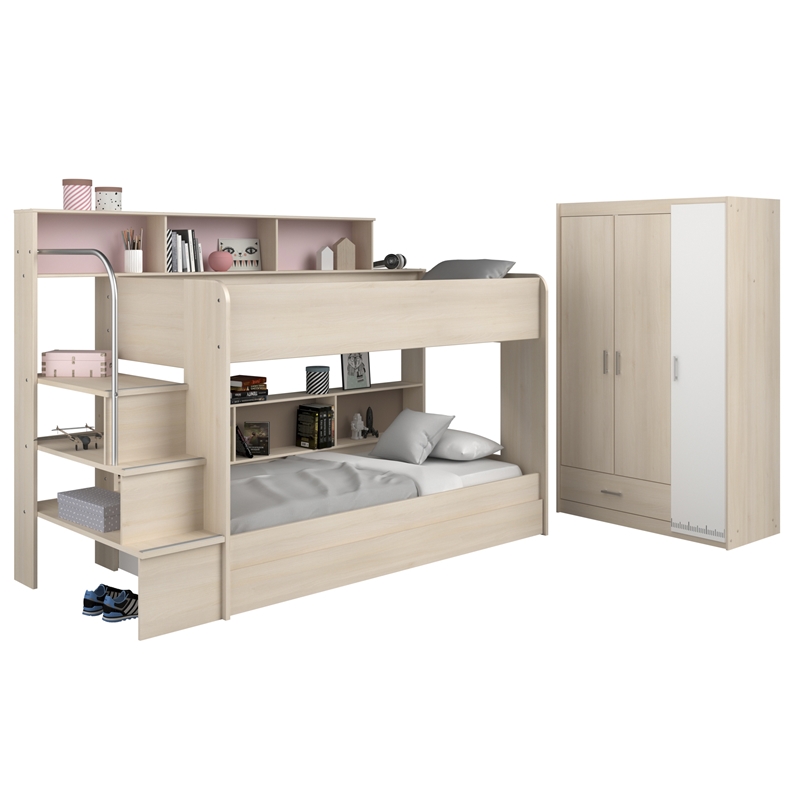 Kinderzimmer Bibop Parisot Bett + 3-trg Kleiderschrank + Regale + Podest-Leiter + Bettschubkasten