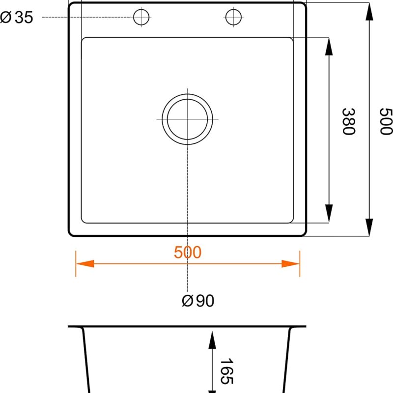 Granitspüle 48x50+Armatur/Spülkorb beidseitig Montierbar Einbau Küchenbecken Eckig f. Unterschränke ab 45cm Siphon
