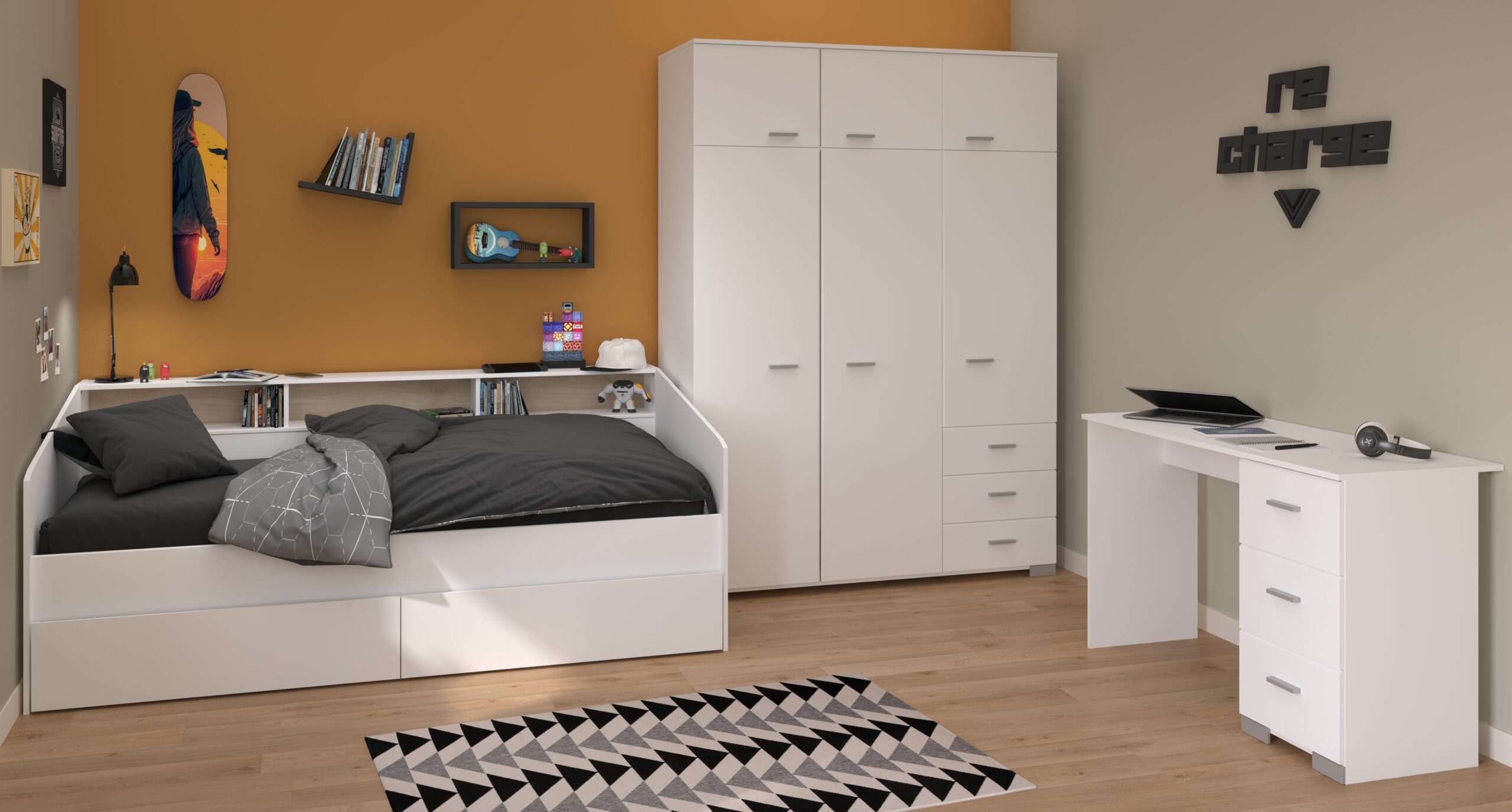 Parisot Sleep 42 Jugendzimmer Kinderzimmer Bett, Schreibtisch, Schrank, in  weiß/ Eiche 90x200 - Faizee Möbel