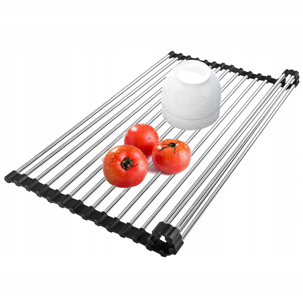 [Abtropfgitter Silber/Schwarz] Faltbares Mehrzweck Gitter für die Spüle für Küchenzubehör mit Silikonenden rutschfest